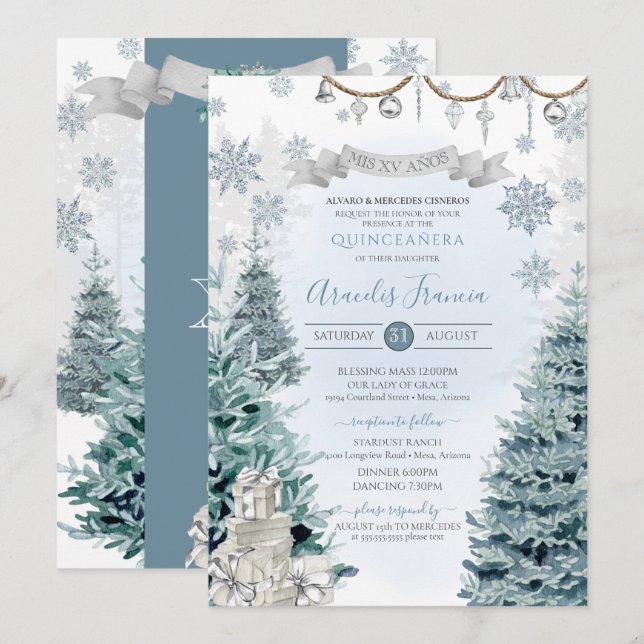 Winter Holiday Silver and Blue Snow Quinceañera Invitation (Front/Back)