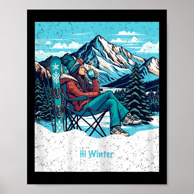 Winter Holiday Skier Woman Drinking Coffee Christm Poster (Front)