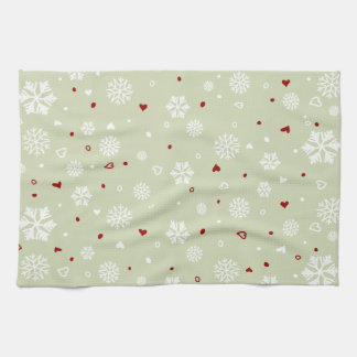 Winter Holiday Snowflakes Hearts on Green Tea Towel