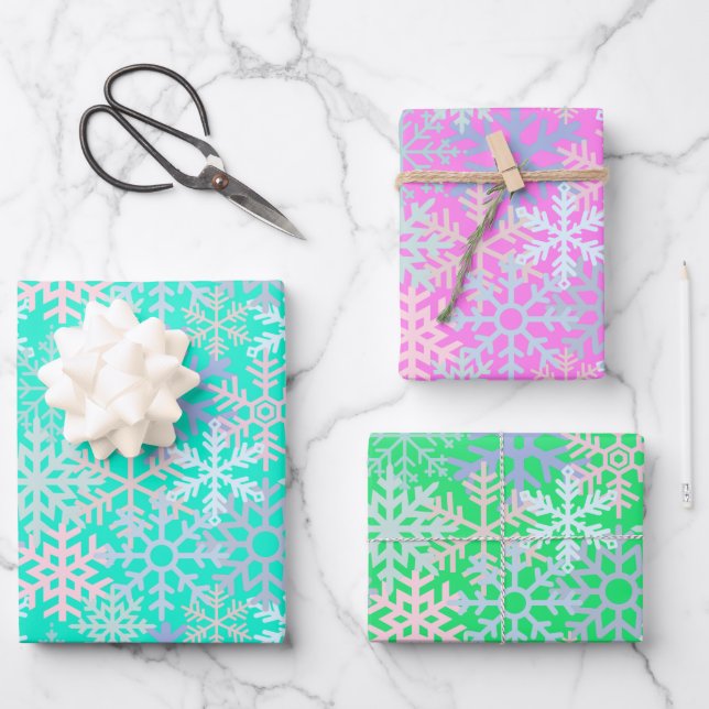 Winter holiday snowflakes hot pink green blue  wrapping paper sheet (Front)