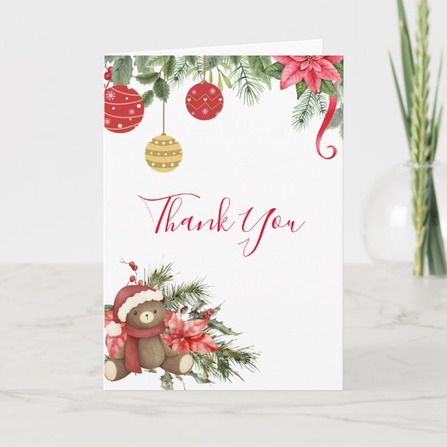Winter holiday teddy bear red poinsettia photo  thank you card (Front)