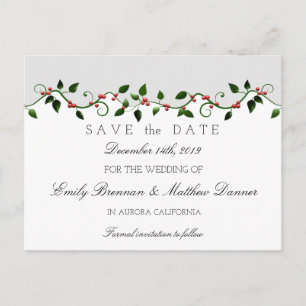 Winter Holiday Wedding Holly Berry Save the Date Announcement Postcard