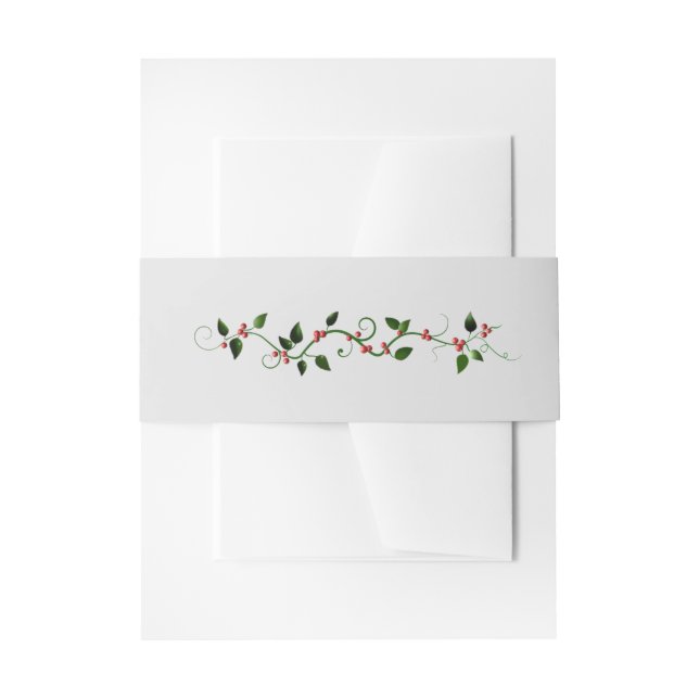 Winter Holiday Wedding Holly Vine Grey Matching Invitation Belly Band (Front Example)
