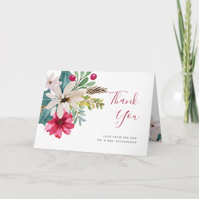 Winter Holiday Wedding | Watercolor Floral Thank You Card (Front)