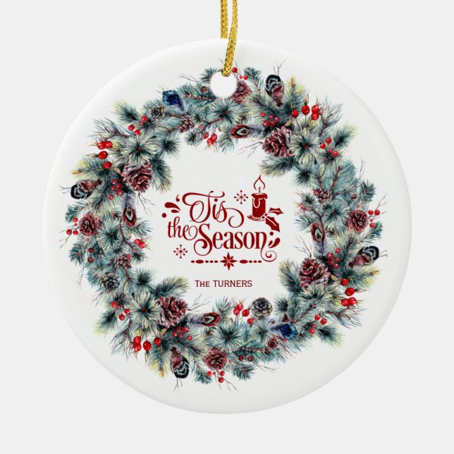 Winter Holiday Wreath 'Tis the Season Monogram Ceramic Tree Decoration (Front)