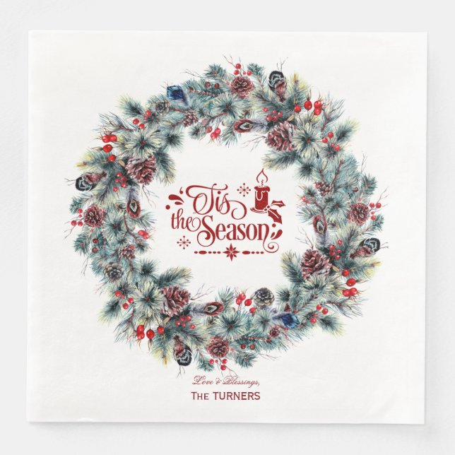 Winter Holiday Wreath 'Tis the Season Monogram Napkin (Front)
