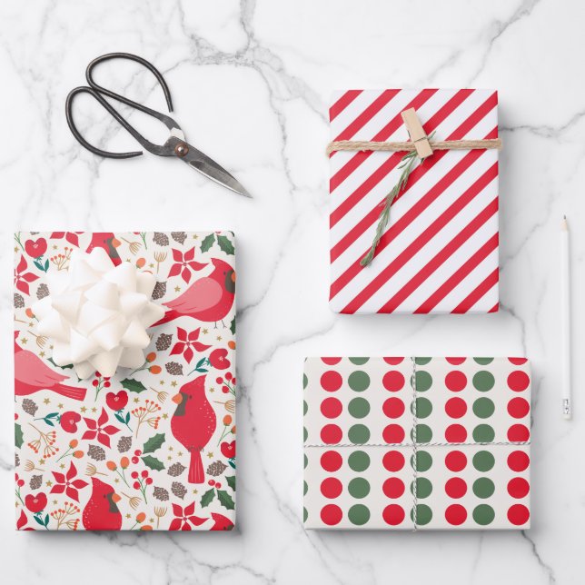 Winter Holidays Cardinals Wrapping Paper Set of 3 (Front)
