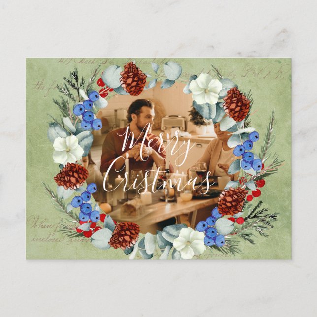 Winter Holidays Christmas Photo Framed Berry Pine Postcard (Front)