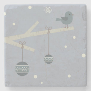 Winter holidays forest tree sparrow birds cartoon stone coaster