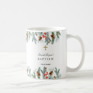 Winter Holidays Greenery Gold Cross Boy Baptism Coffee Mug