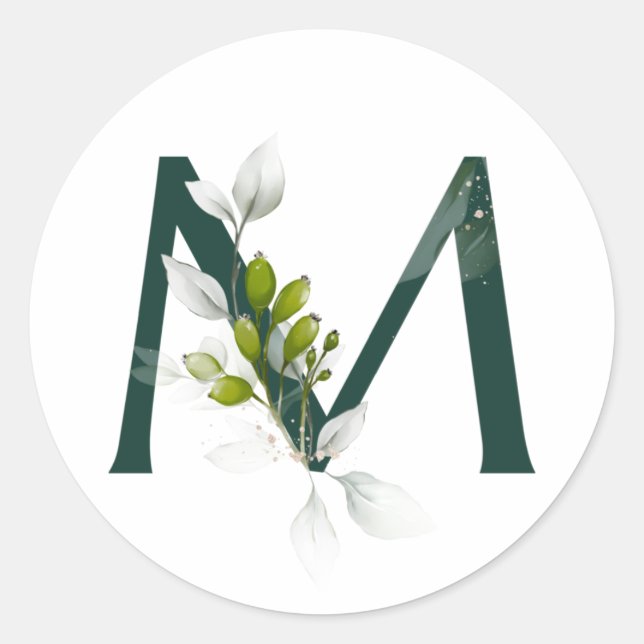 Winter holidays MONOGRAM green letter berries   Classic Round Sticker (Front)