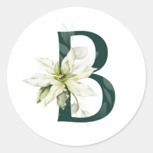 Winter holidays MONOGRAM  green letter poinsettia  Classic Round Sticker