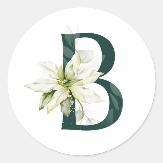Winter holidays MONOGRAM  green letter poinsettia  Classic Round Sticker (Front)