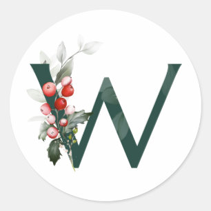 Winter holidays MONOGRAM red poinsettia berries  C Classic Round Sticker