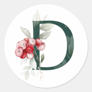 Winter holidays MONOGRAM red poinsettia berries  C Classic Round Sticker