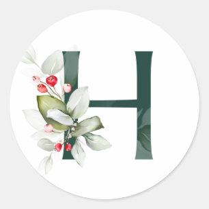 Winter holidays MONOGRAM red poinsettia berries  C Classic Round Sticker