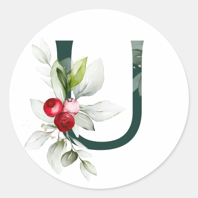Winter holidays MONOGRAM red poinsettia berries  C Classic Round Sticker (Front)