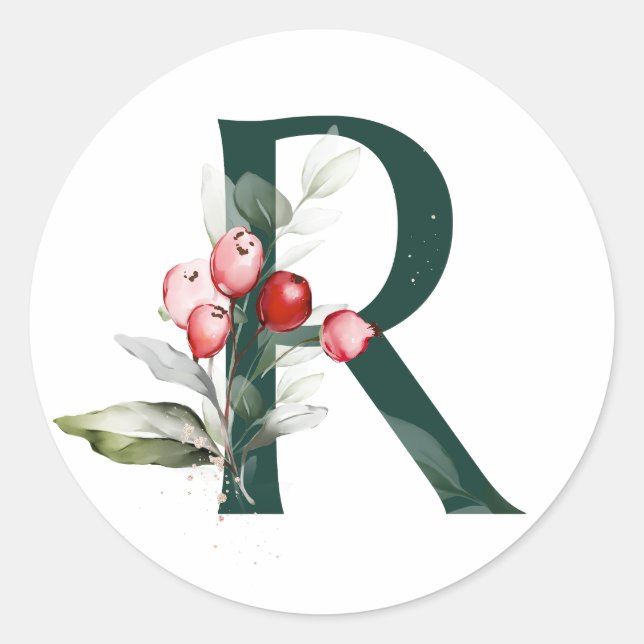 Winter holidays MONOGRAM red poinsettia berries  C Classic Round Sticker (Front)