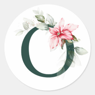 Winter holidays MONOGRAM red poinsettia berries C Classic Round Sticker