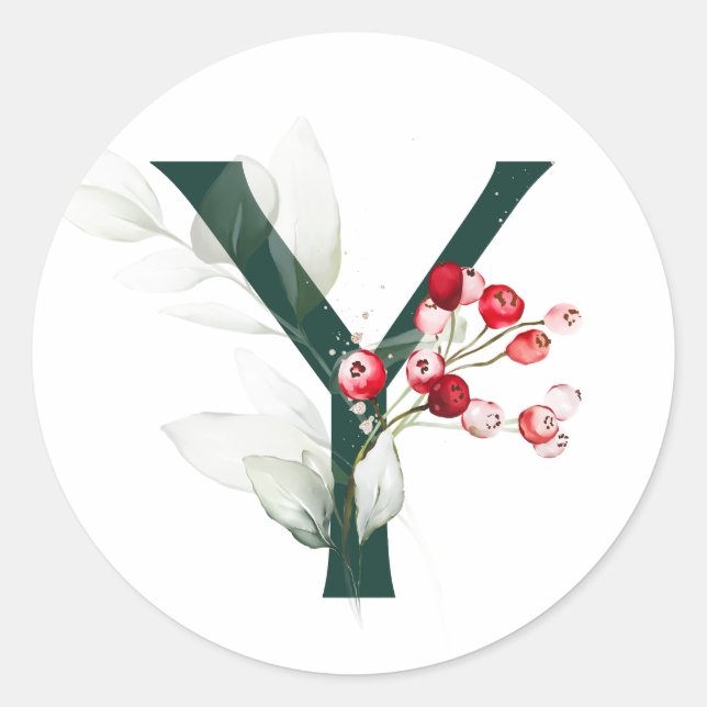 Winter holidays MONOGRAM red poinsettia berries  C Classic Round Sticker (Front)