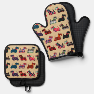Winter Holidays Plaid Scottish Terriers Kitchen Oven Mitt & Pot Holder Set