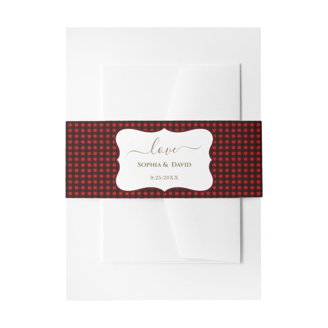 Winter Holidays Red Buffalo Plaid Wedding Invitation Belly Band (Front Example)