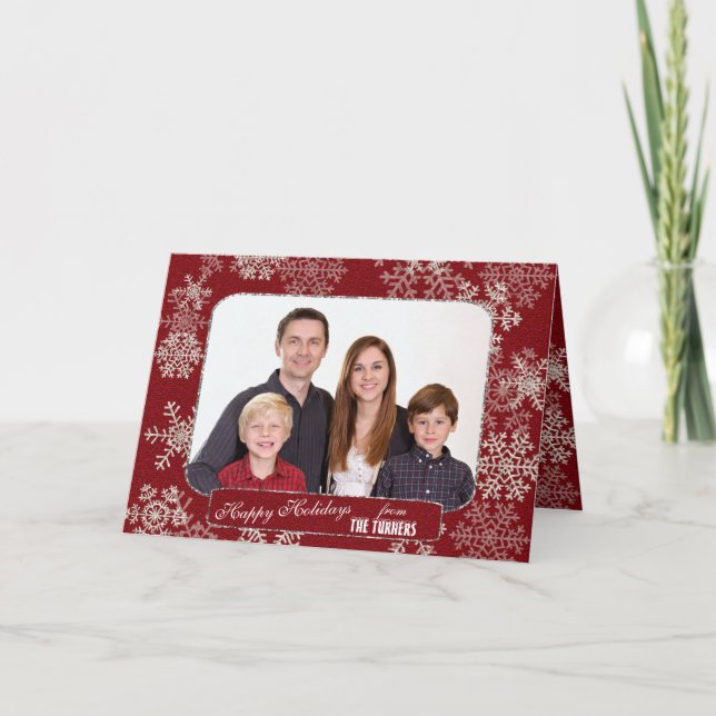 Winter Holidays Red Glitter Snowflakes Photo Holiday Card (Front)