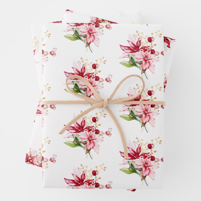 Winter holidays  red poinsettia berries wrapping paper sheet (In situ)