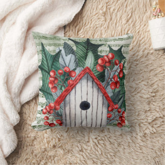 Winter Holly and Birdhouse Watercolor Cushion
