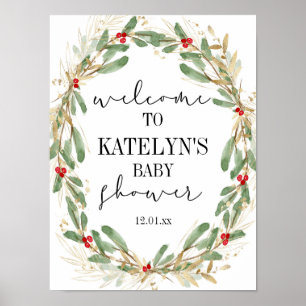 Winter Holly Baby Shower Welcome Sign Christmas
