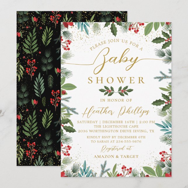 Winter Holly Berries Christmas Holiday Baby Shower Invitation (Front/Back)