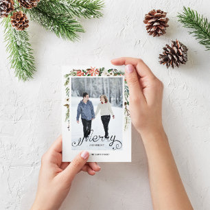 Winter Holly Berries & Floral Photo Holiday Card