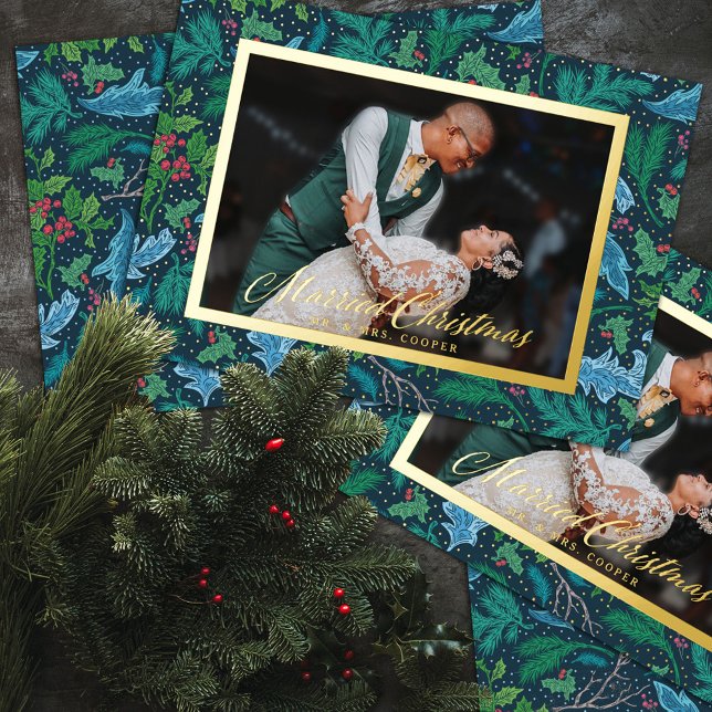 Winter Holly Berries Married Christmas Photo Foil Holiday Card (Creator Uploaded)