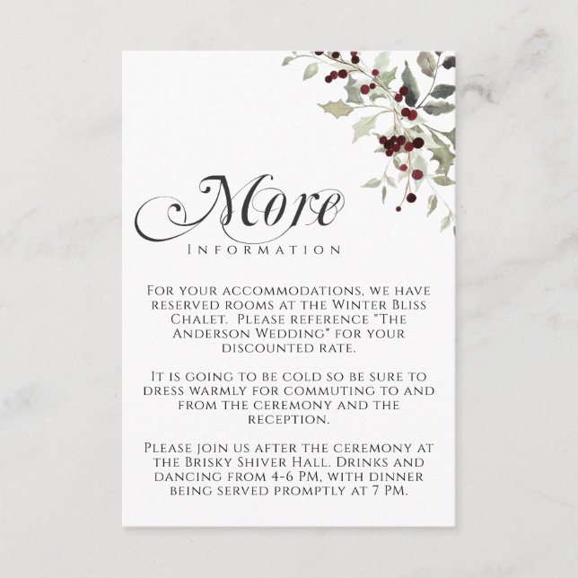 Winter Holly Berry More Information Wedding Enclosure Card (Front)