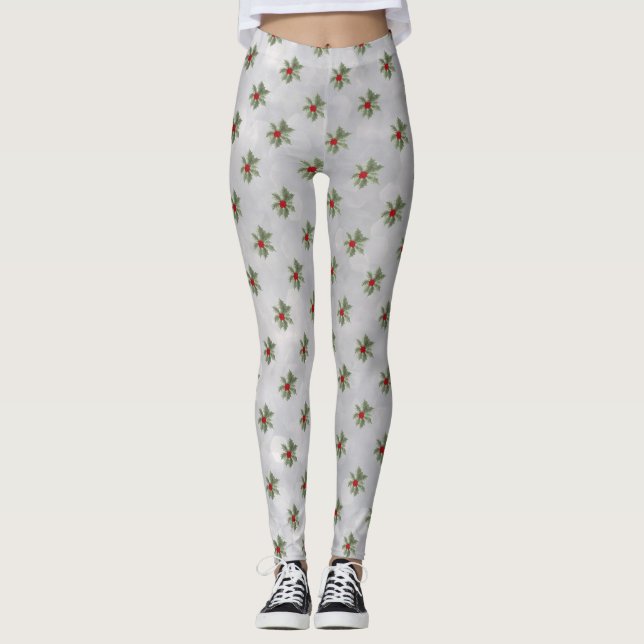Winter Holly Berry Pattern Leggings (Front)
