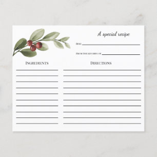 Winter Holly Branch Bridal Shower Recipe card