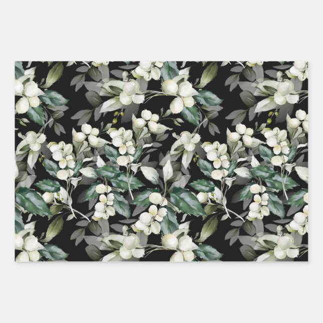 Winter holly branches green pattern wrapping paper sheet (Front)