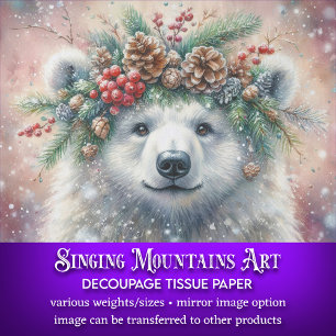 Winter Holly Crown Polar Bear Decoupage Tissue Paper