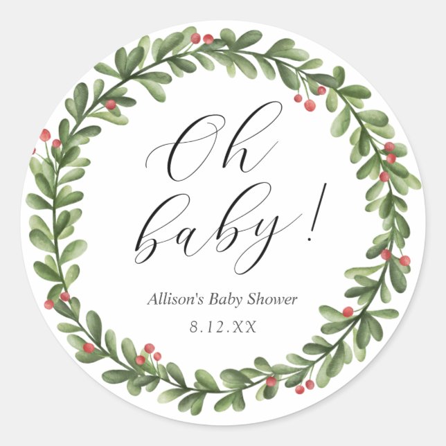 Winter Holly Foliage Baby Shower Round Sticker (Front)