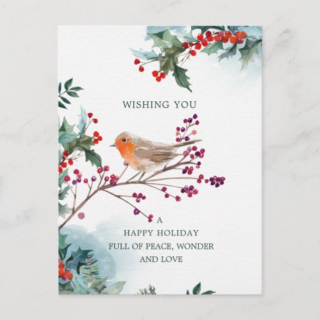Winter Holly Red Robin Christmas Wishes Postcard (Front)