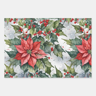 Winter Holly Wrapping Paper Flat Sheet Set of 3
