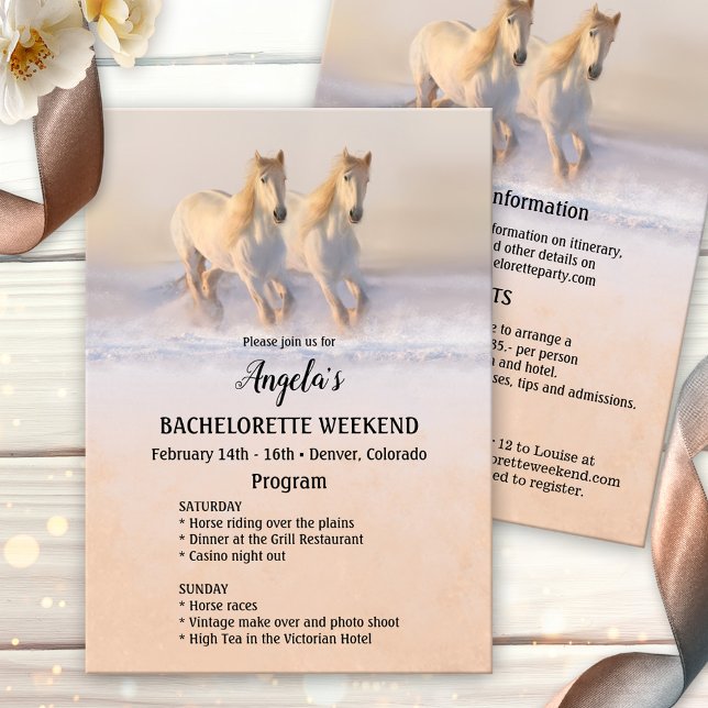 Winter Horse Bachelorette Weekend Program Template (Bachelorette winter weekend getaway itinerary program featuring two running horses in the snow)