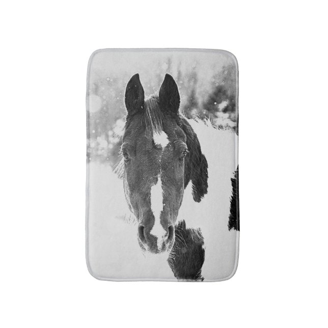 Winter Horse Black and White Bath Mat (Front Vertical)