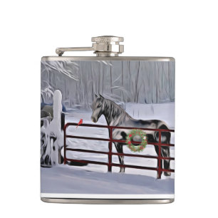 Winter horse in snow holiday hip flask