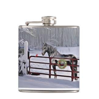 Winter horse in snow holiday hip flask