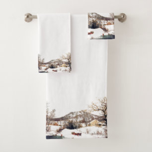 Winter Horse Sleigh Farmhouse Pond Bath Towel Set