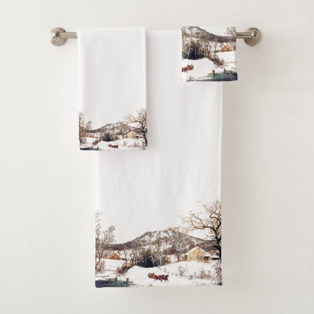 Winter Horse Sleigh Farmhouse Pond Bath Towel Set (Insitu)