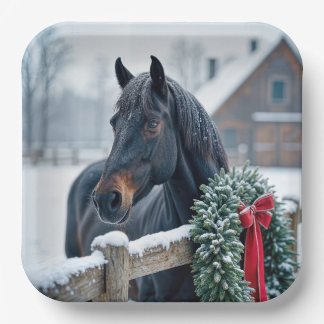 Winter Horse With Christmas Wreath Paper Plate (Front)