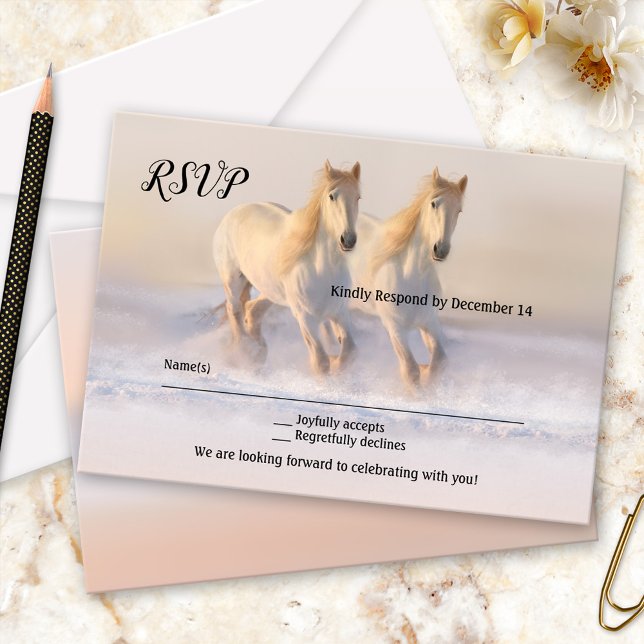 Winter Horses Wedding RSVP Card (RSVP card featuring running horses in the snow - winter wedding - equine - equestrian - country)