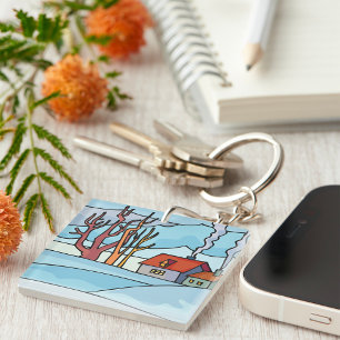 Winter House Landscape Key Ring